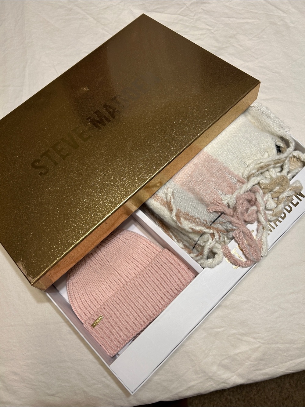 Steve Madden Pink Knit Beanie & Cream-Pink Striped Scarf Set